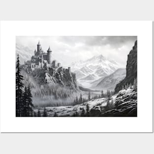 Fortress Mountain Castle Fantasy Story Ink Sketch Style Posters and Art